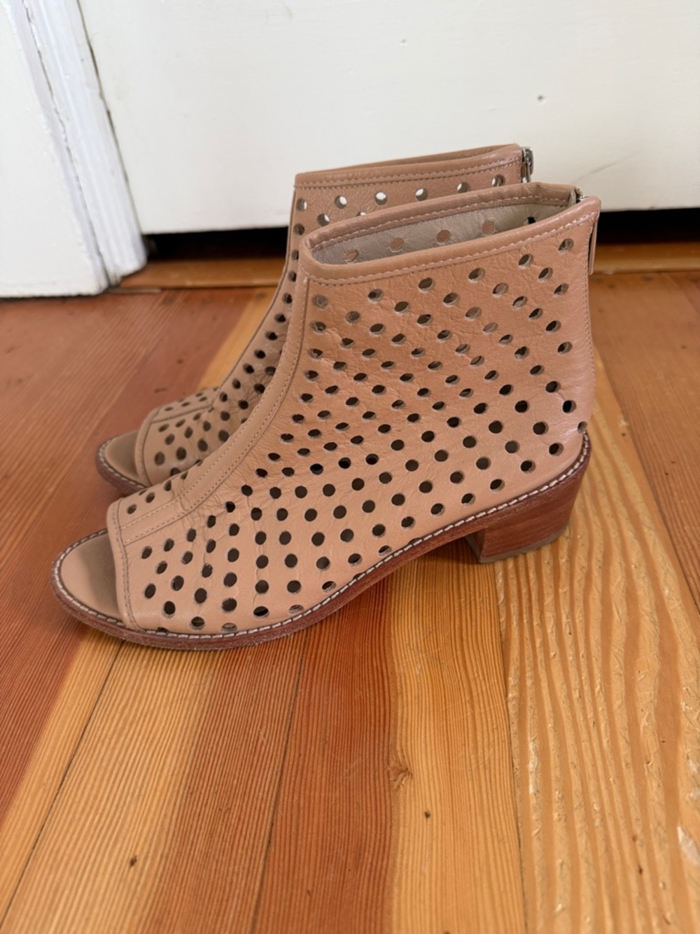 Loeffler Randal Tan Perforated Leather Peep Toe Ankle Booties 8.5